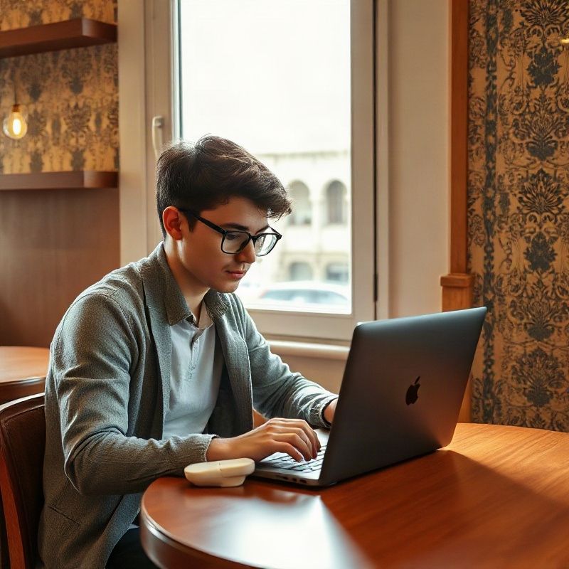 Jovem português a rever um anúncio de emprego num portátil num café em Braga