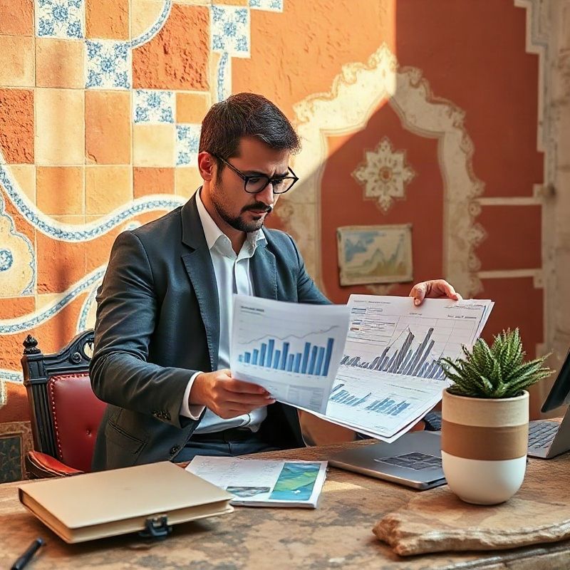 Jornalista a rever gráficos económicos impressos numa secretária de pedra ao amanhecer atlântico